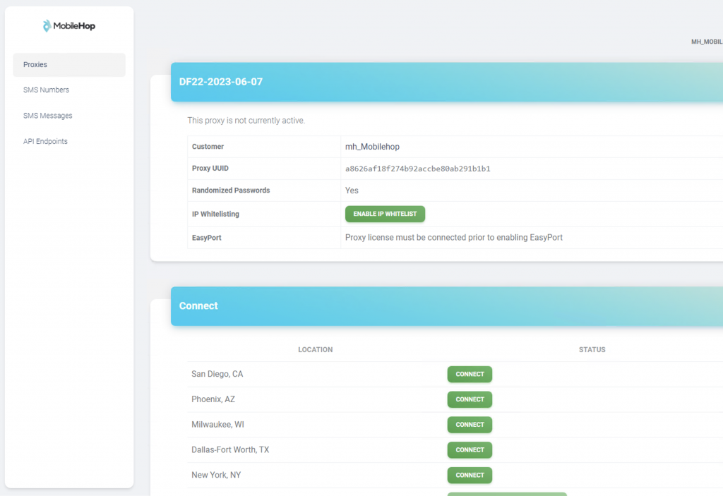 MobileHop Portal - Connect to a location