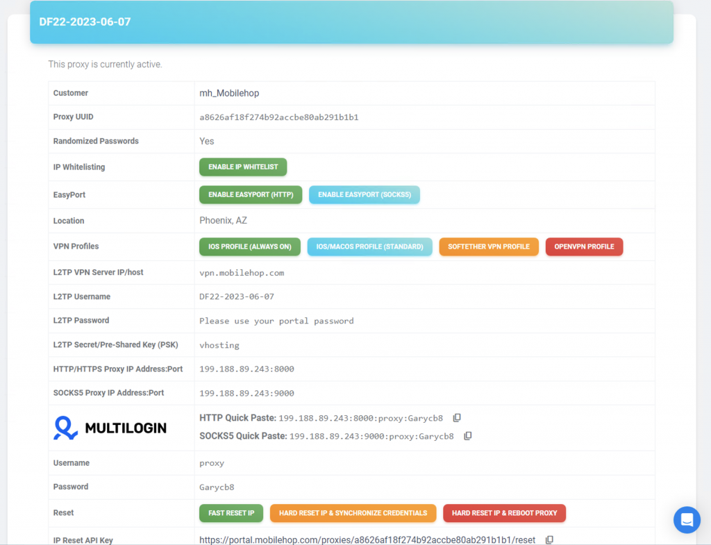 MobileHop Portal - Proxy credentials