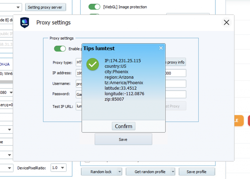 VMLogin - IP test showing Phoenix, AZ